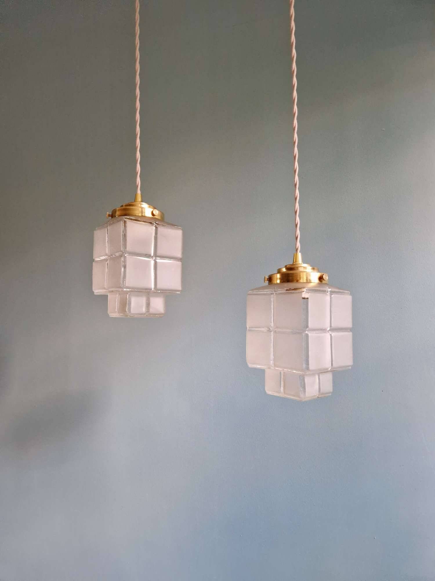 Pair of Art Deco Skyscraper satin glass pendant lights, 1930s