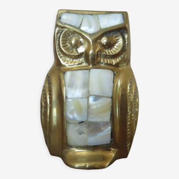 Owl, owl in golden brass and mother-of-pearl 70s