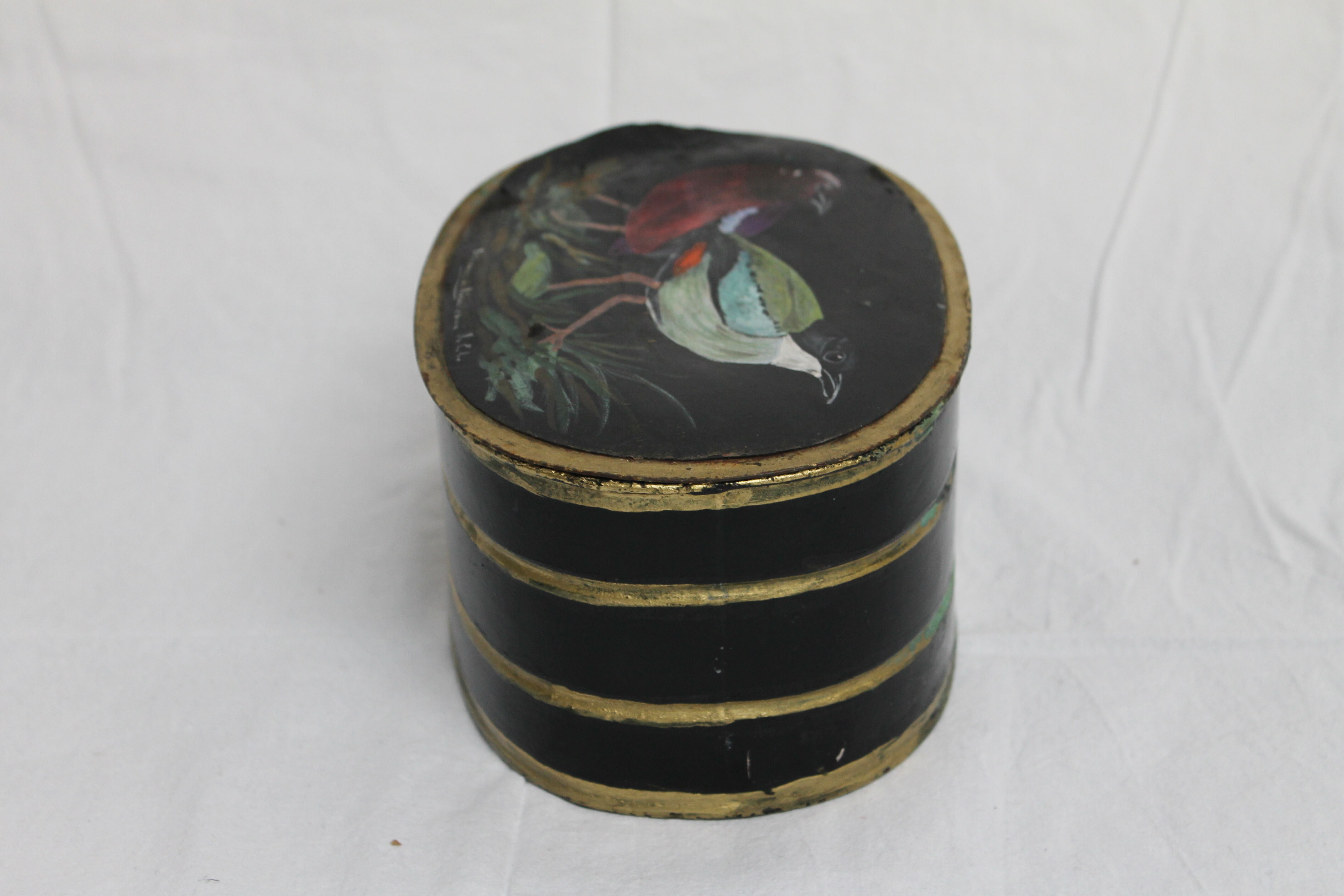 Napoleon III style metal box with painted and signed leather