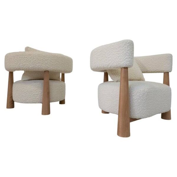 Contemporary Pair of Italian Armchairs, Wood and White Boucle Fabric