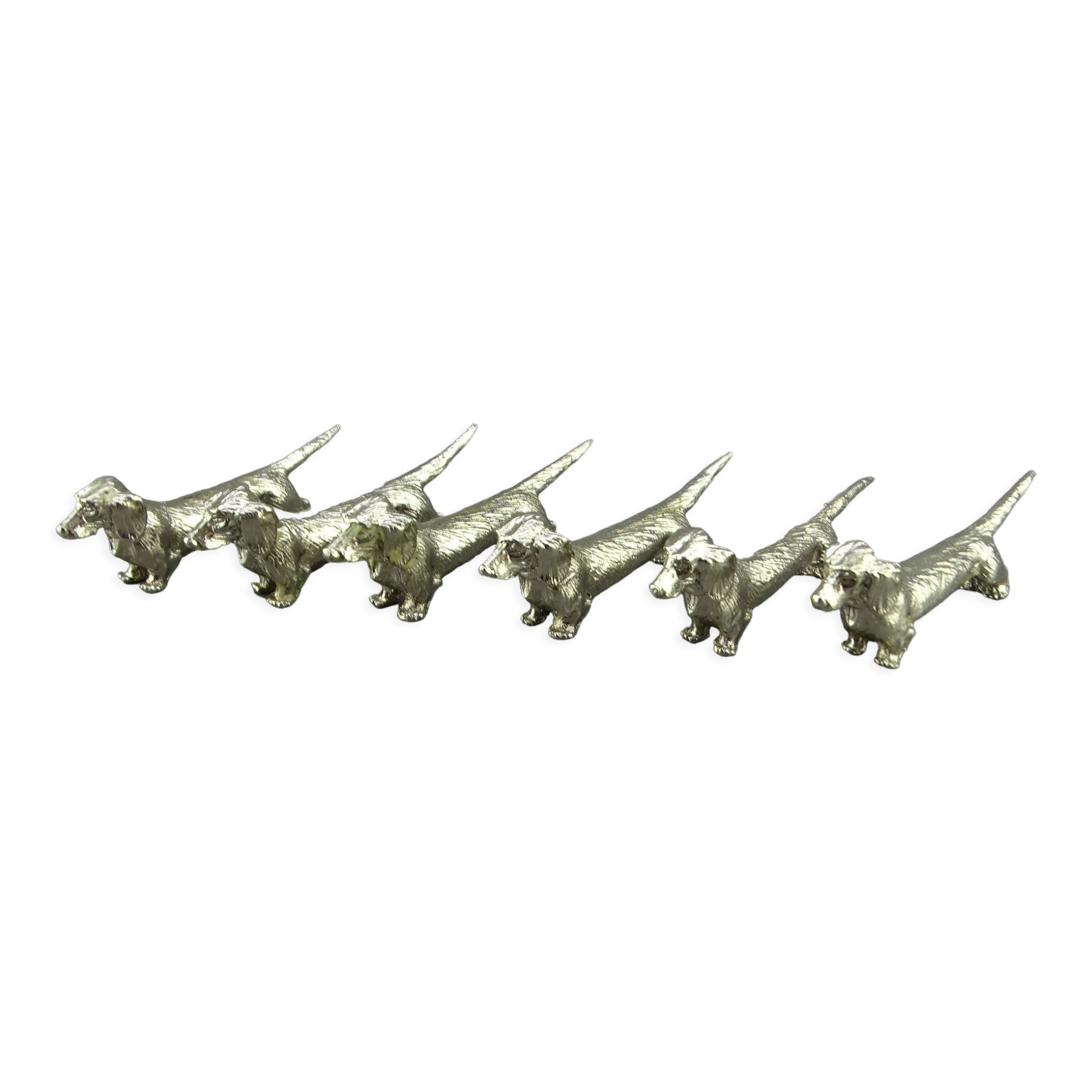 Set of 6 silver metal knife holders with basset dachshund dogs