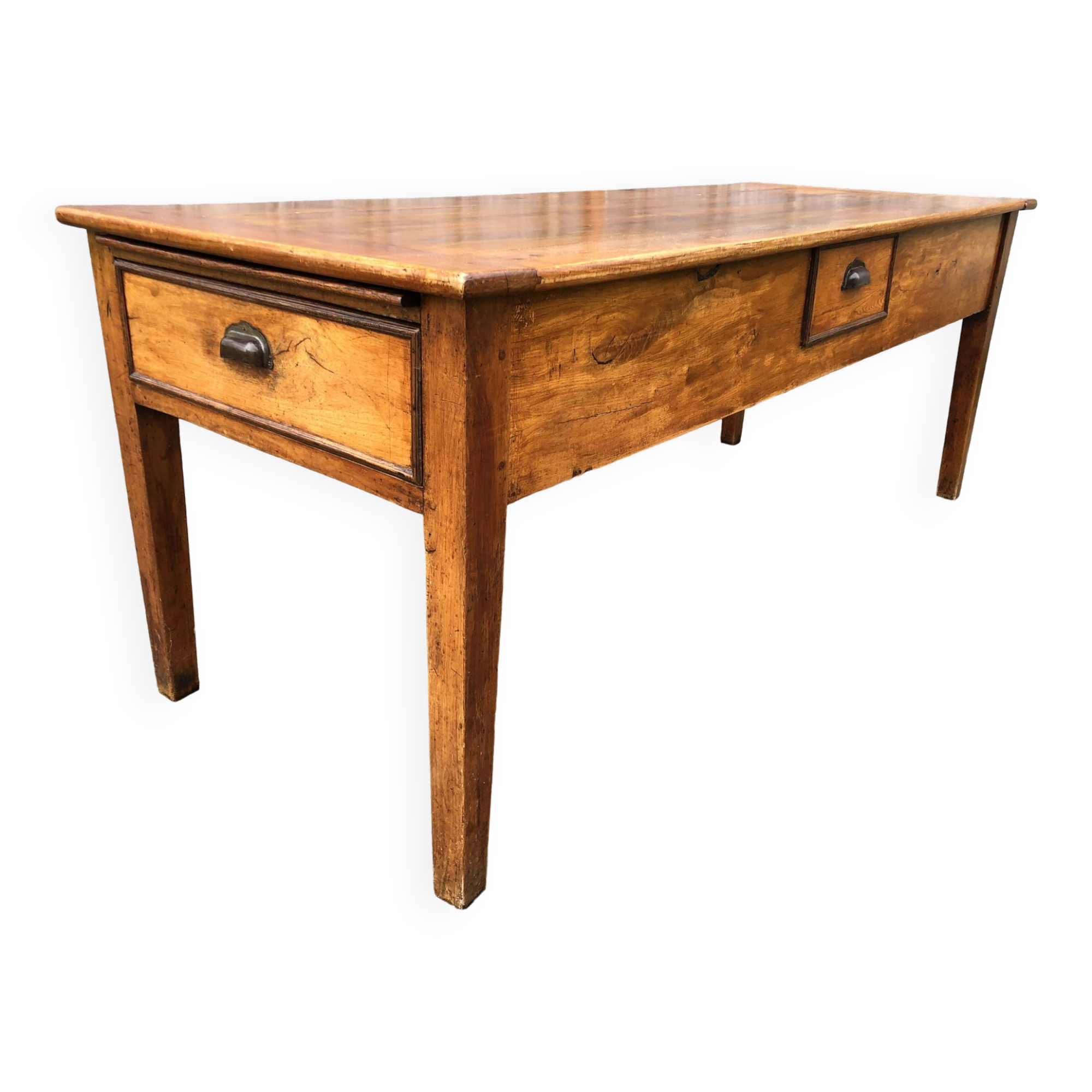 Antique farmhouse table in solid cherry wood with 3 drawers and 1 pull-out.