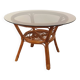 Table basse ronde vintage en verre fumé et rotin des années 70