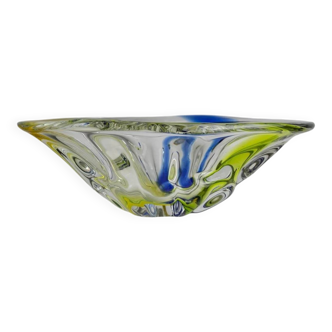 Large Murano Glass Bowl in Clear with Blue & Yellow Swirls – Oval Vintage Italian Design (1970s)