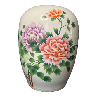 Round vase in earthenware polychrome decoration peonies XXth