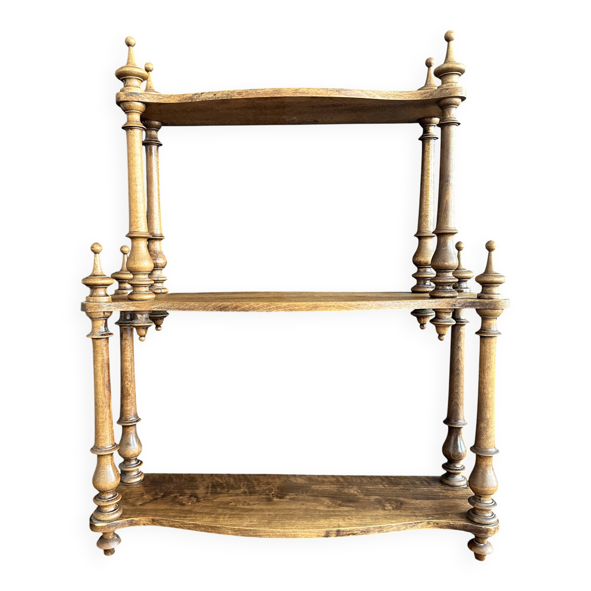 Antique turned wooden shelf with three levels, around 1900.