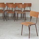 Set of 6 Czech school chairs in metal and wood, Kovona bistro style.