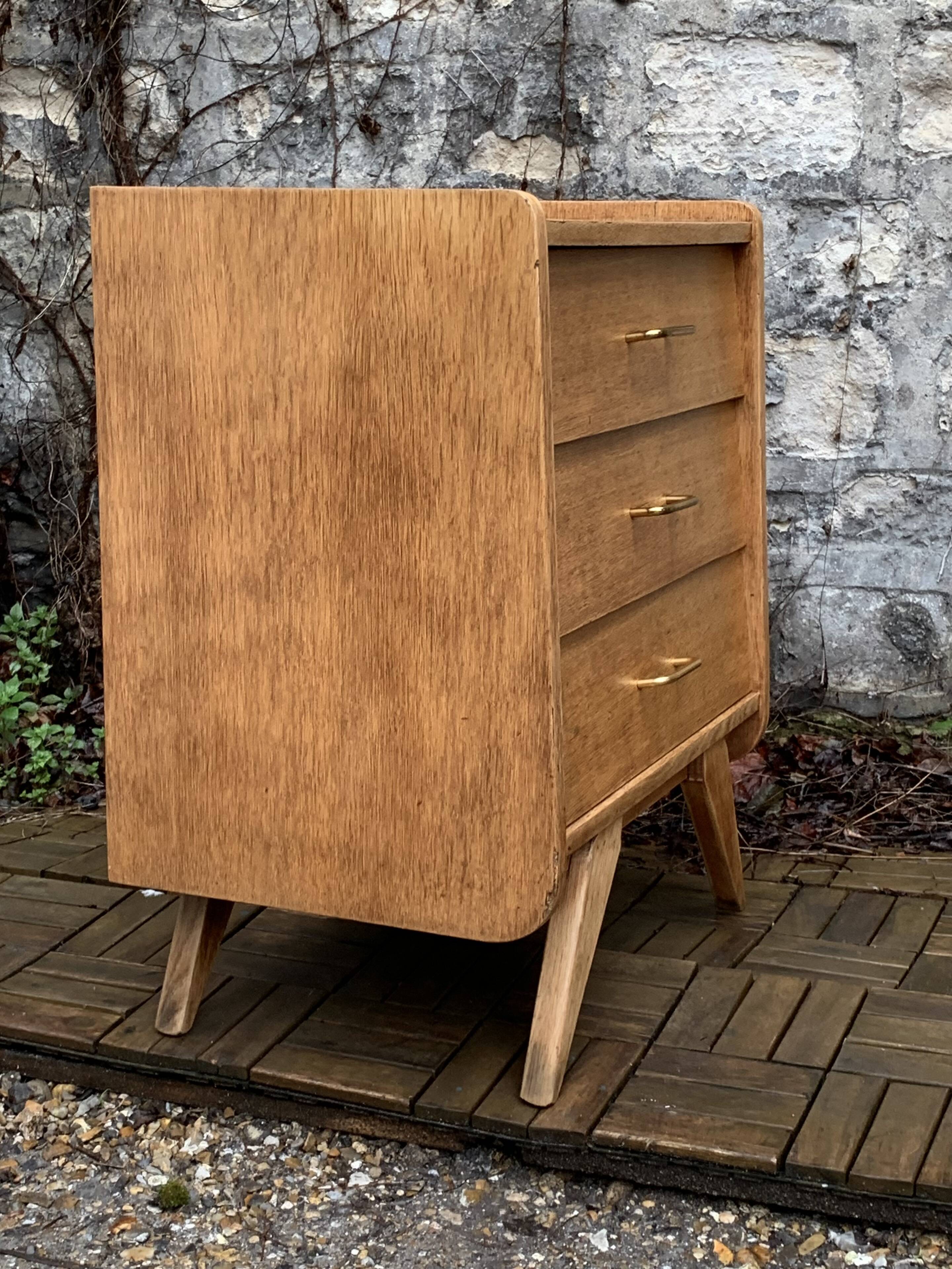 Vintage chest of drawers with compass feet, raw oak, 1960