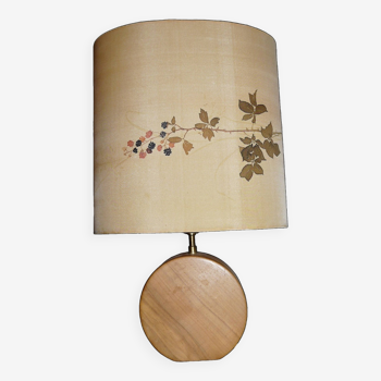 Wooden lamp Design Michel Pasquet Vintage painted silk lampshade 1970-80