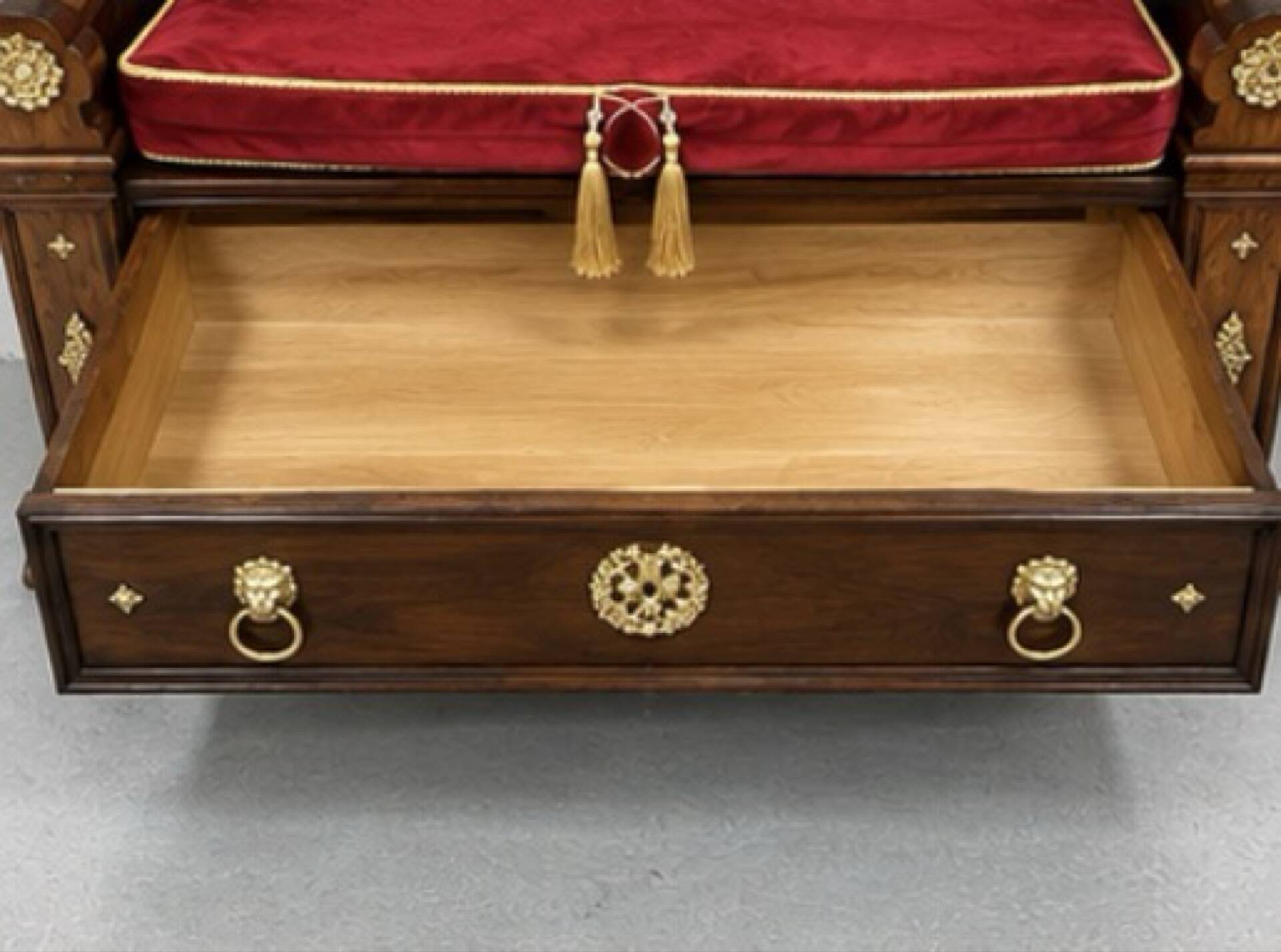Bank-safe / medieval style bench – wood, red velvet and ornamentation