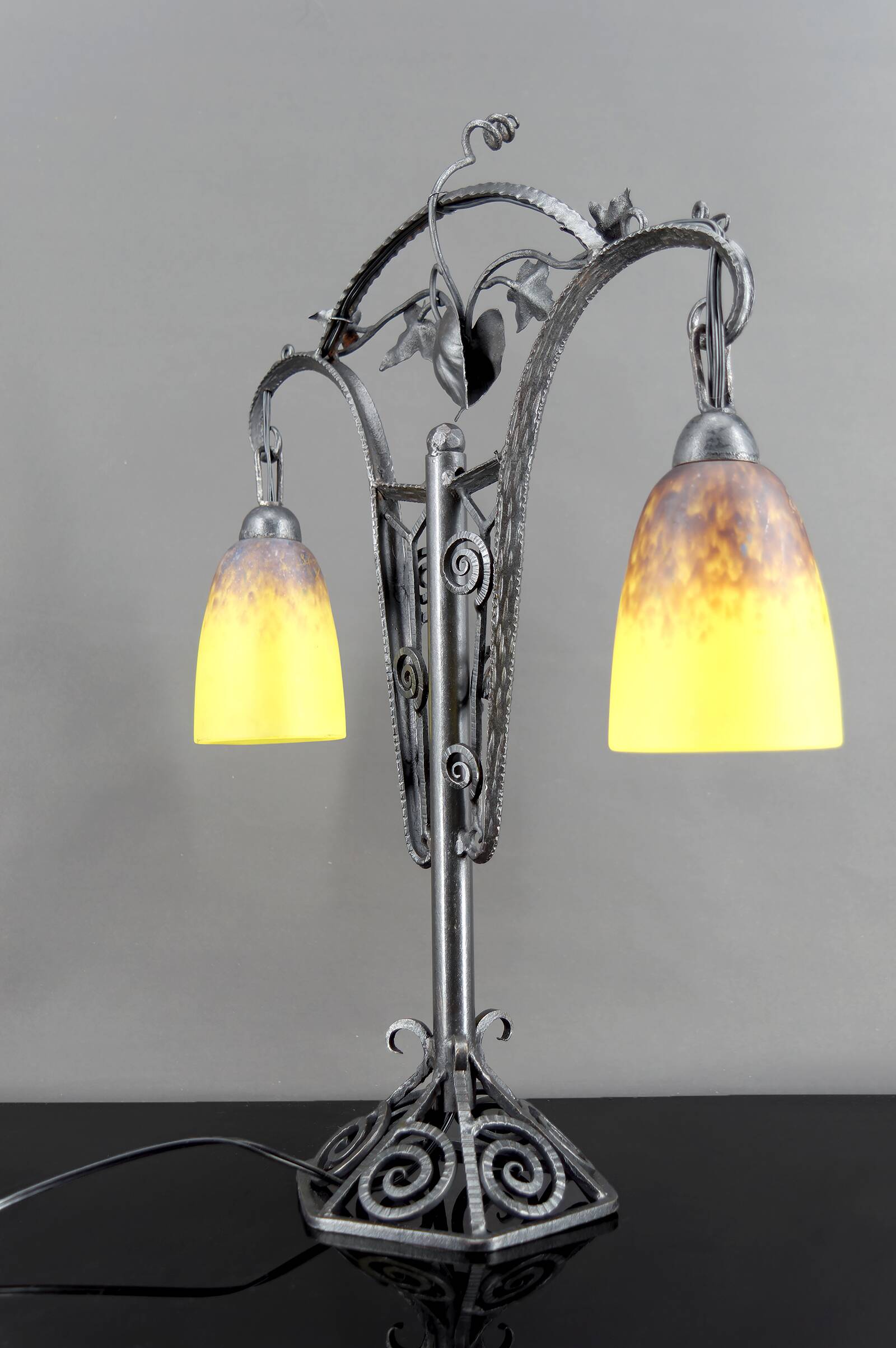 Important Double-Headed Lamp, Wrought Iron by Schneider, France, c. 1920