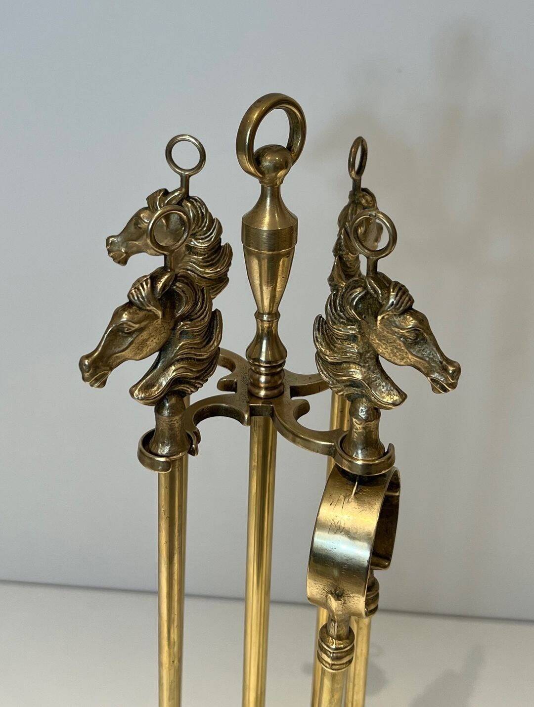 Neoclassical Brass Fire Tool Set with Horse Head Handles, in the