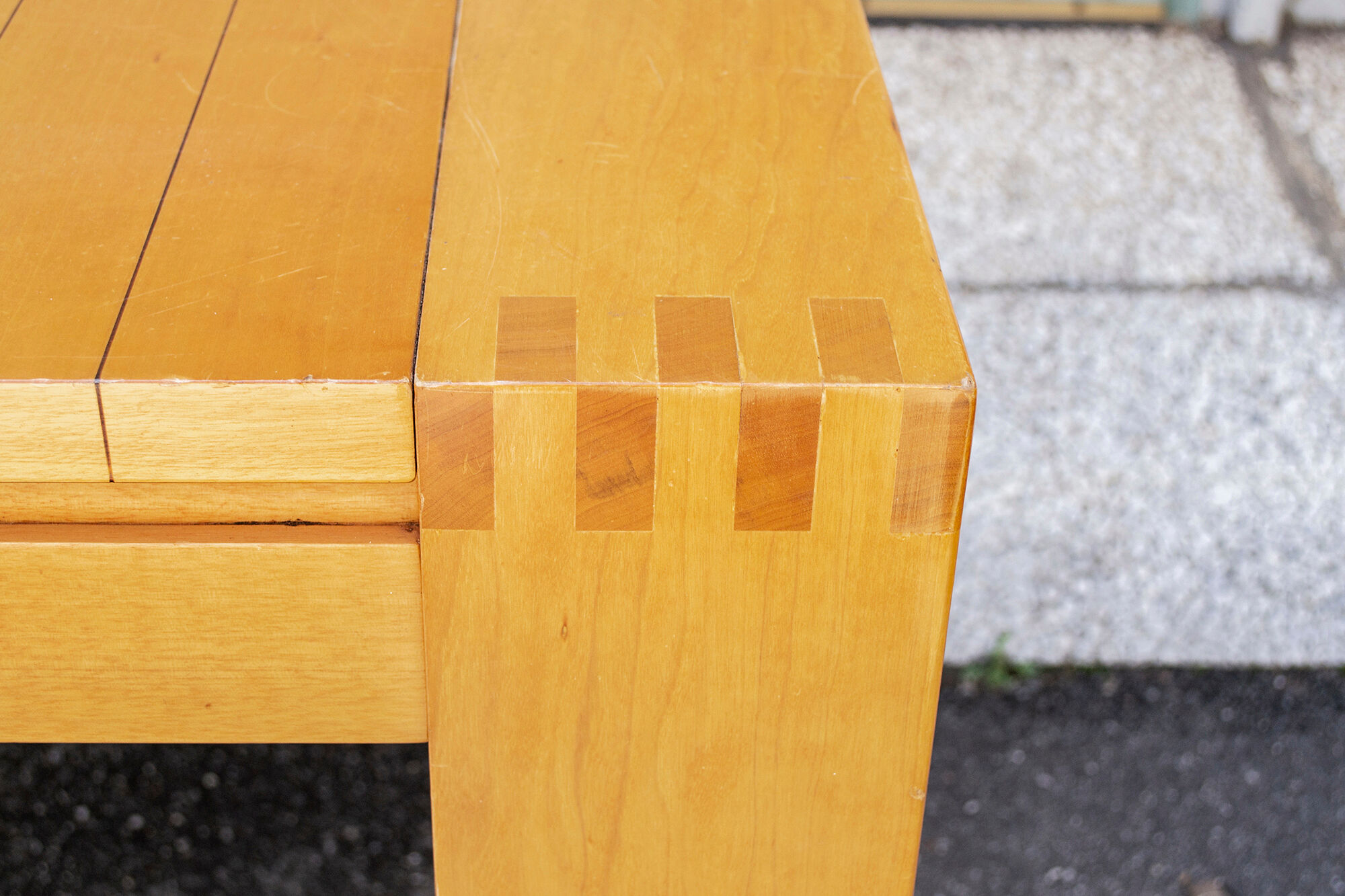 Dining table in beech wood with stripes of hibiscus, italy 70s
