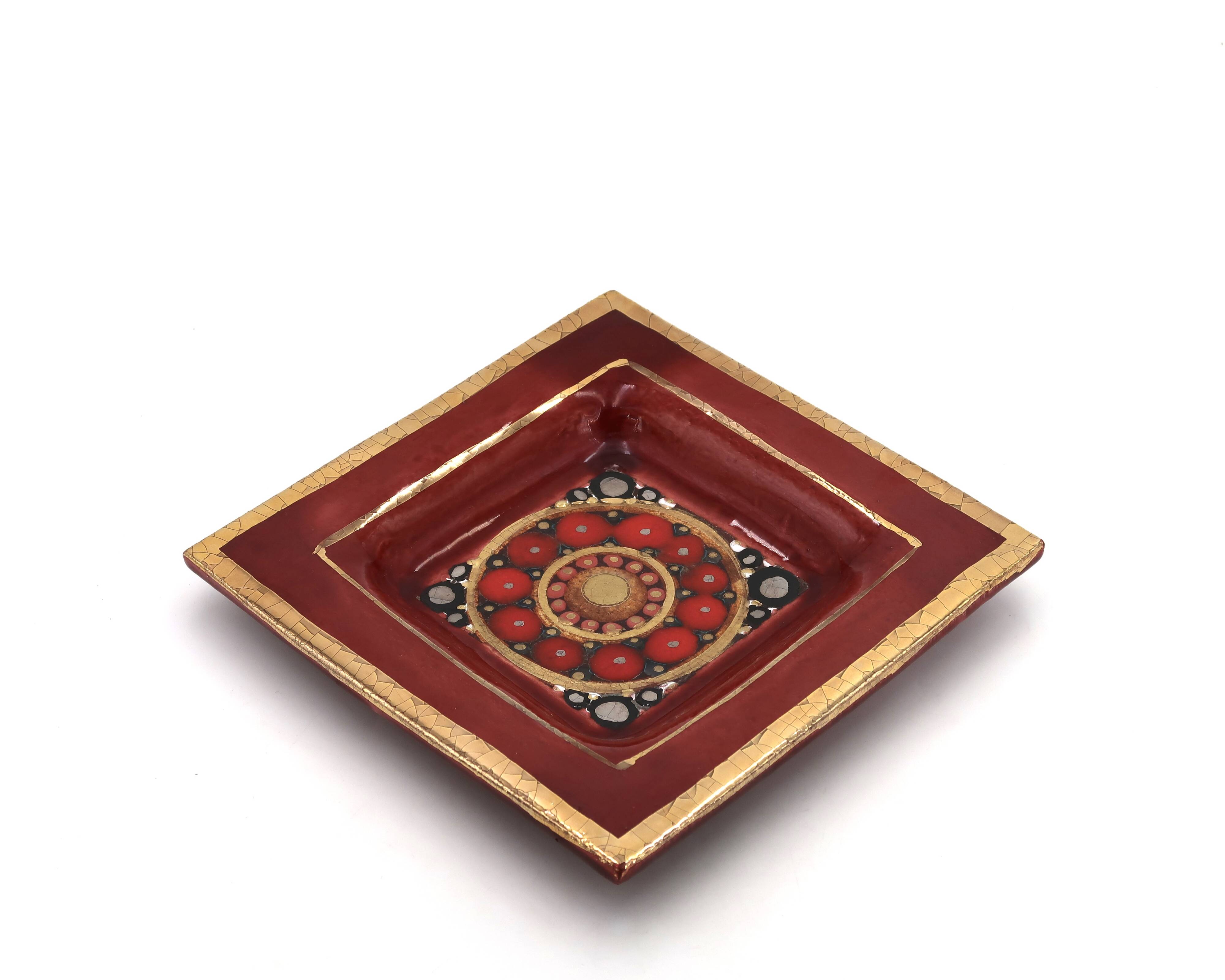 Georges Pelletier red and gold square ceramic pocket emptier, 1970s