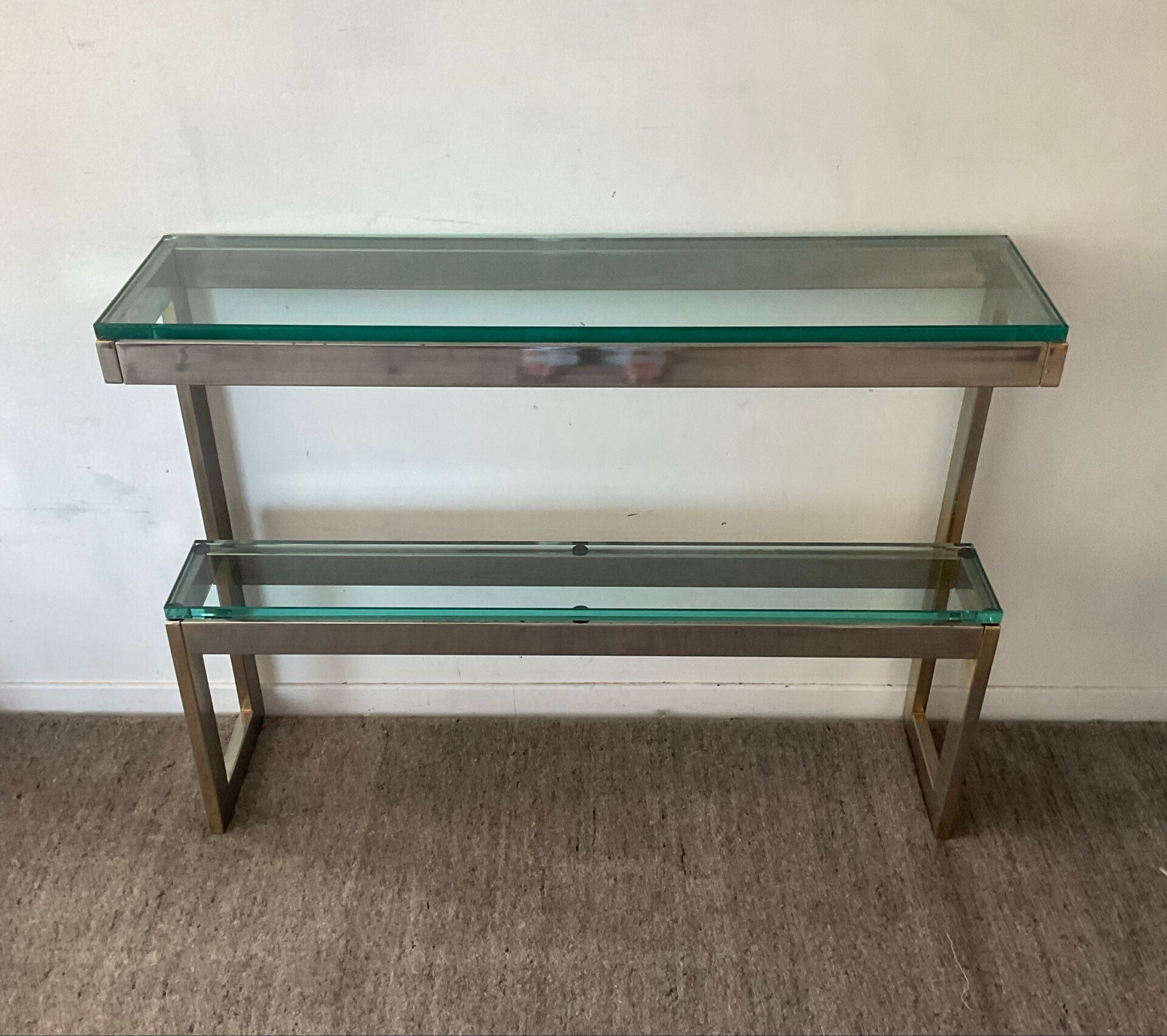 Console "G" by Belgochrom in brass and glass from the 1970s.