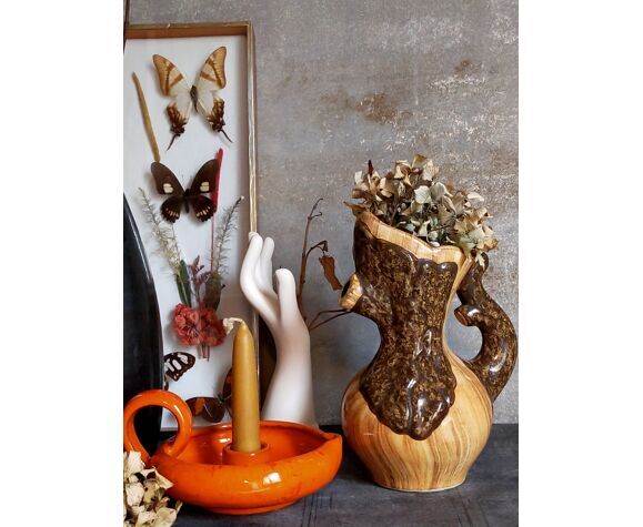 Faux-bois ceramic pitcher signed "Cérart" MONACO vintage