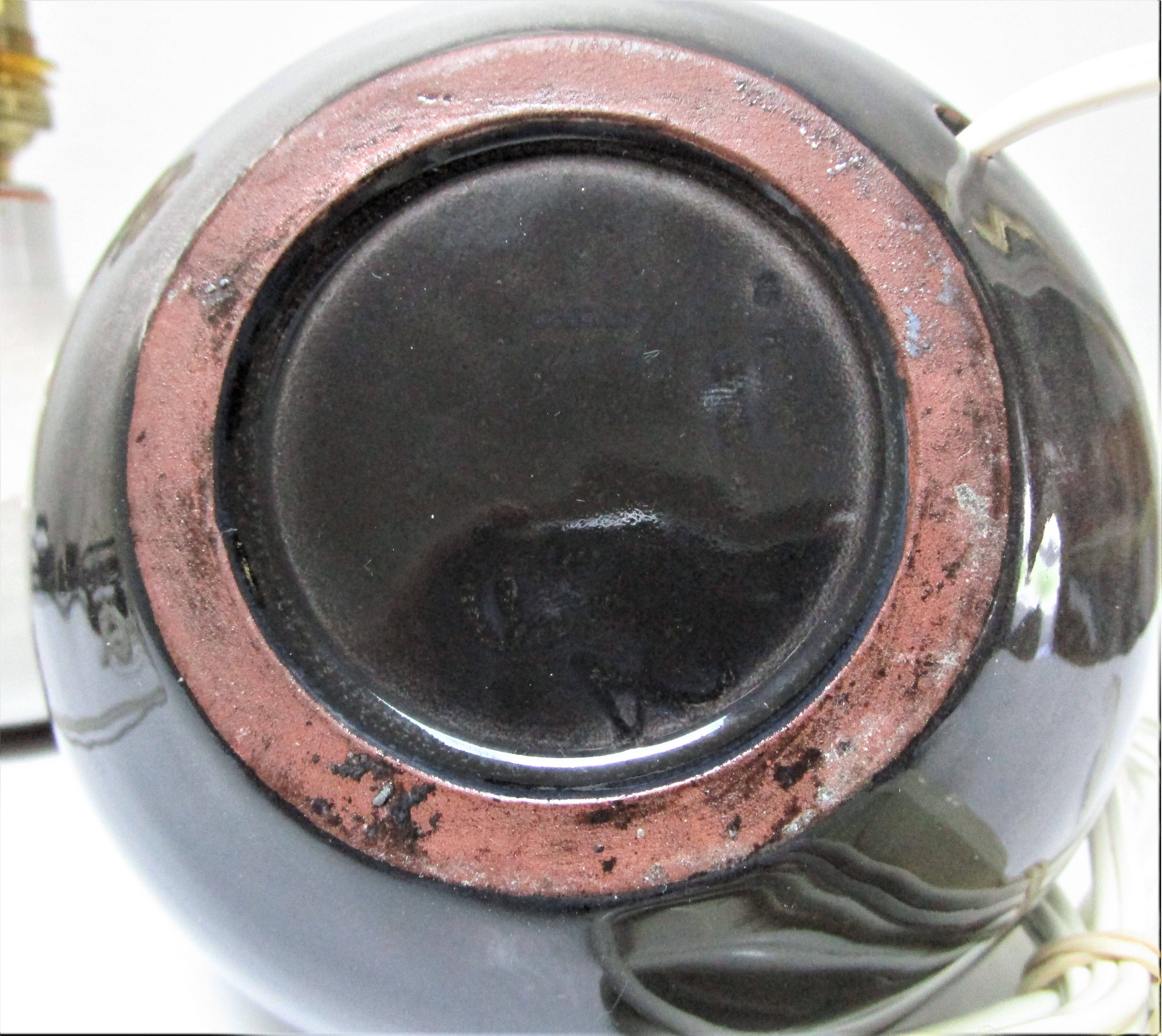 Three vintage ceramic lamps in blue, white and suede