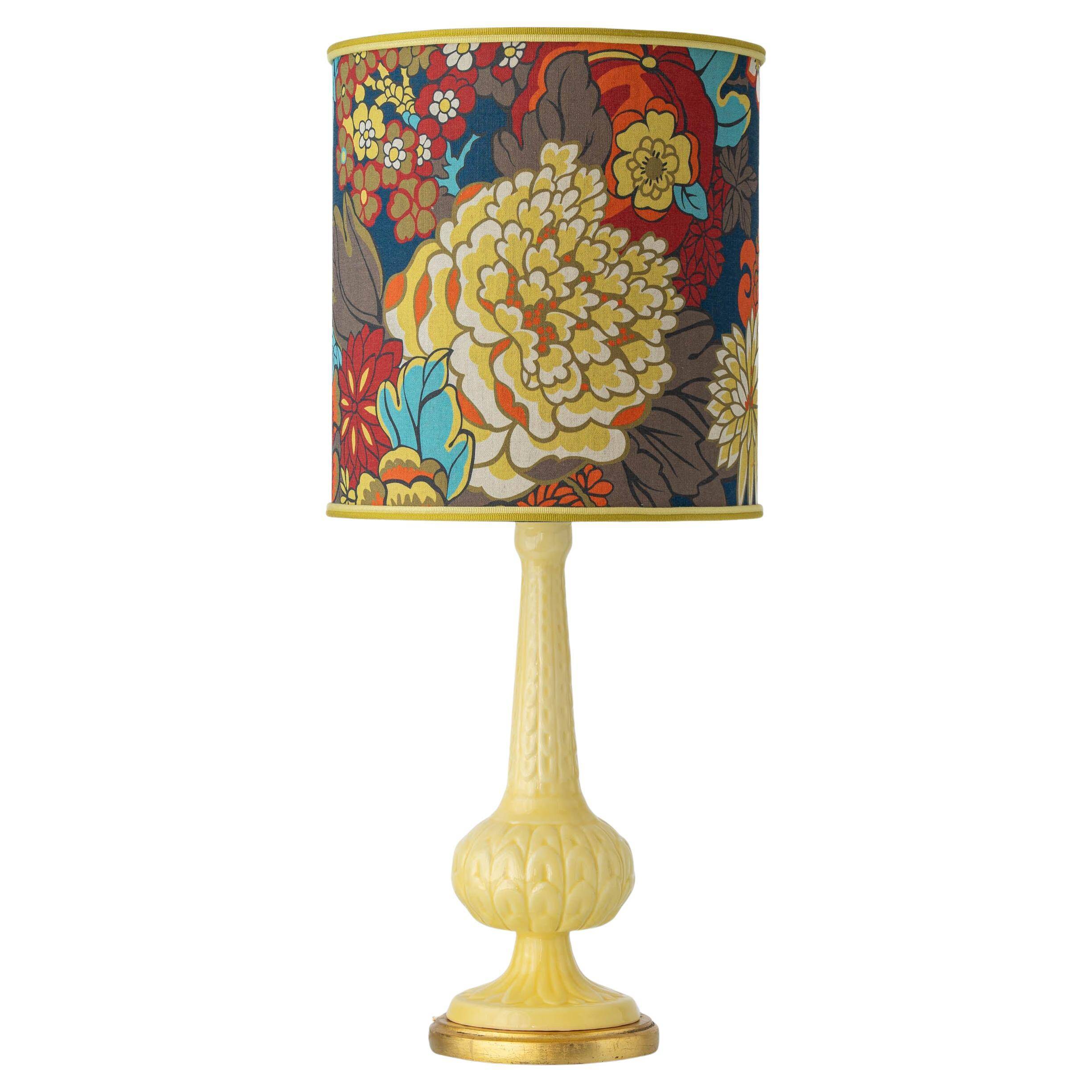 Lampe de table en céramique jaune espagnole, années 1960, abat-jour Liberty London rétro neuf
