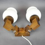 Czechoslovak wall lamp from the 1960s with Valasske Mezirici glass and a wooden base.