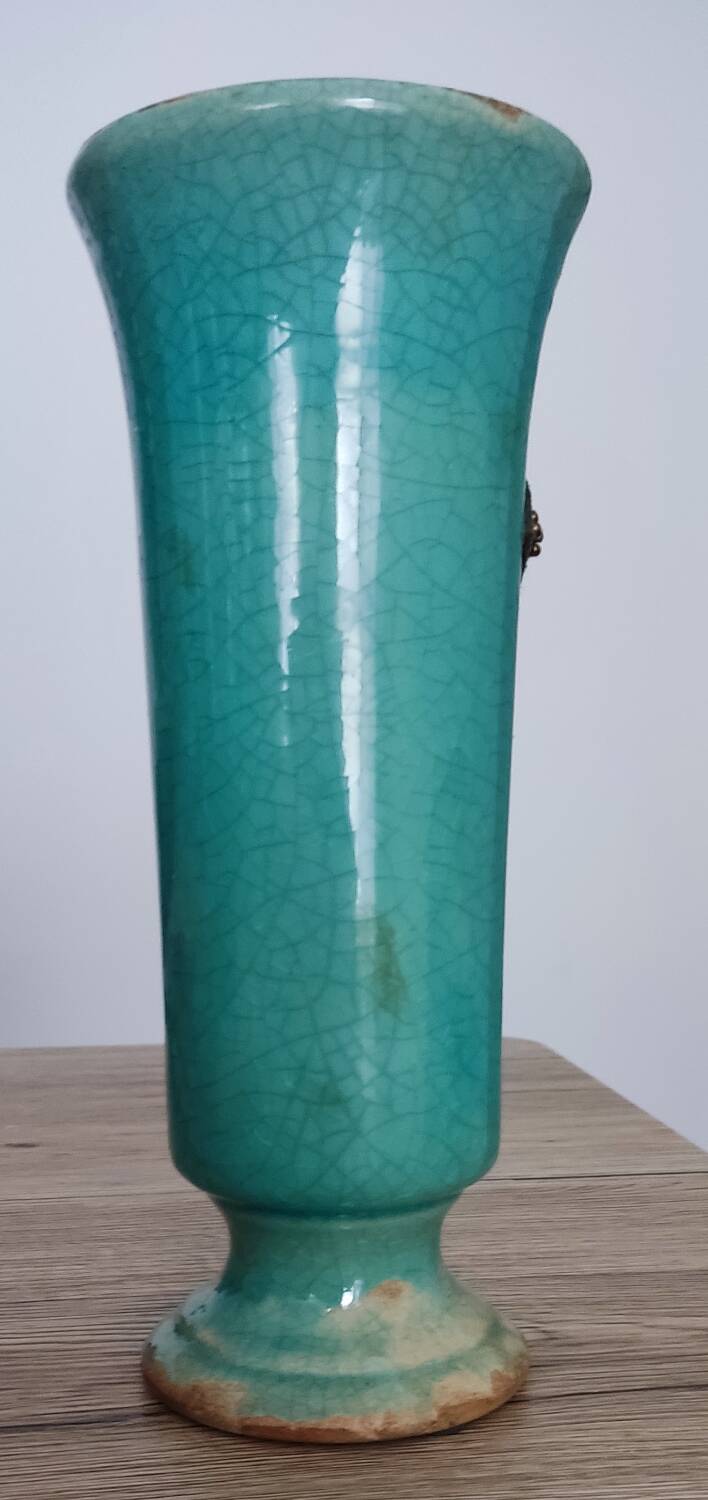 Green cracked ceramic vase