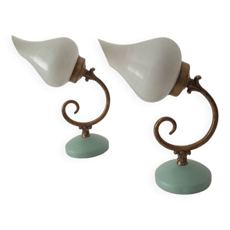 Pair of vintage 60s wall lights in wood and opaline brass