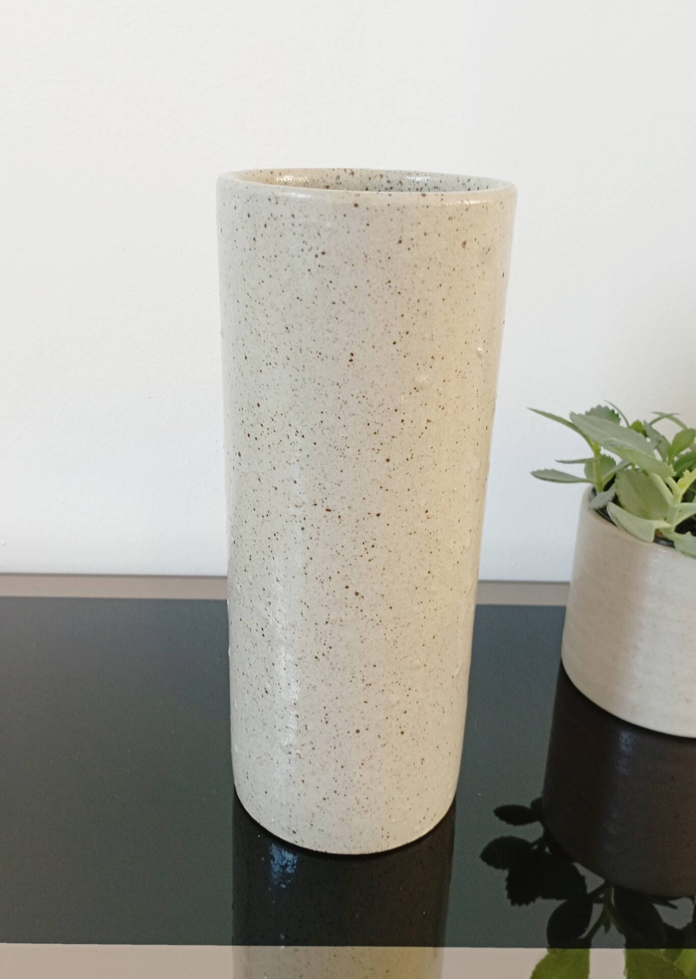 Vintage glazed stoneware cylinder vase - 1970