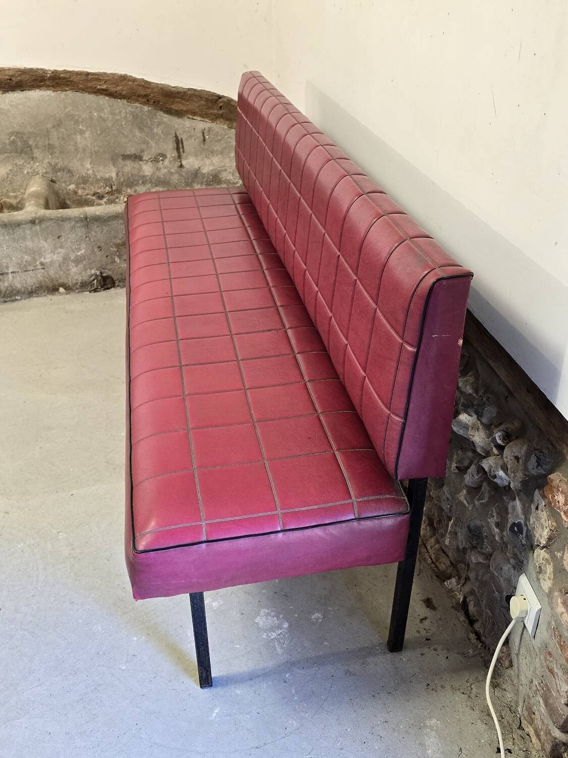 1960s double bistro bench in buttoned burgundy red skai