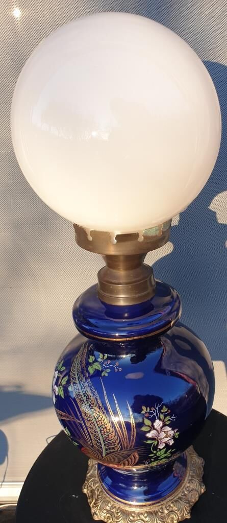 Ceramic lamp birds lyres on midnight blue background Napoleon III