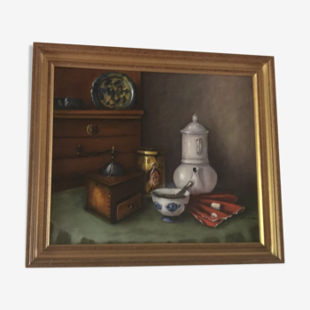 Painting ancient still life in the kitchen