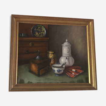 Tableau ancien nature morte en cuisine