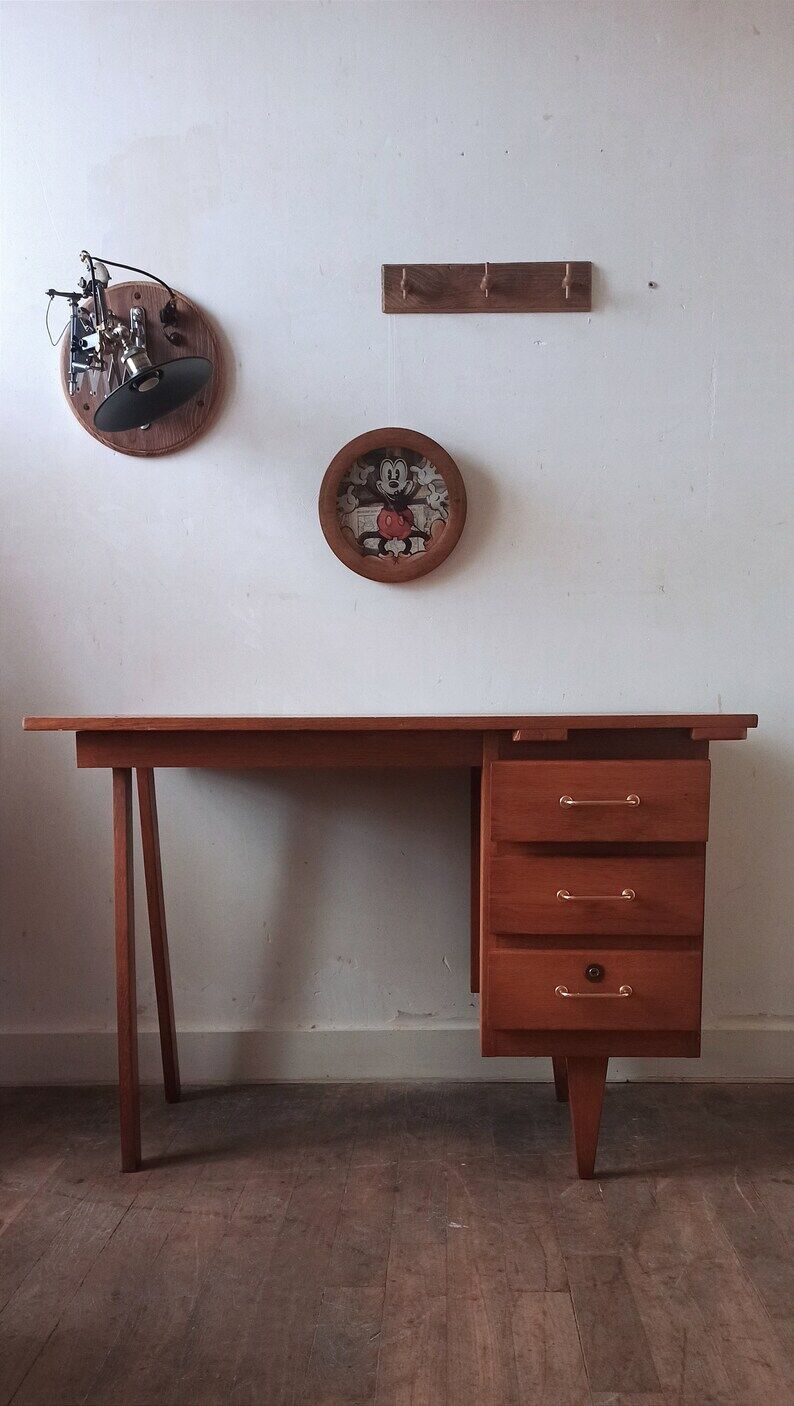 vintage desk with wooden storage drawers