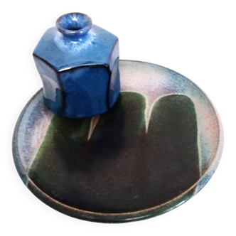 lot 2 céramiques bleues artisanales/ petit vase + assiette