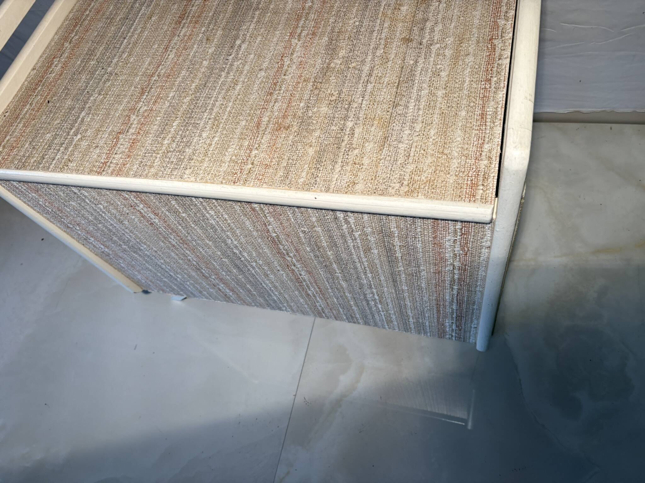 Vintage upholstered chest, white lacquered wooden structure, 1960s-70s