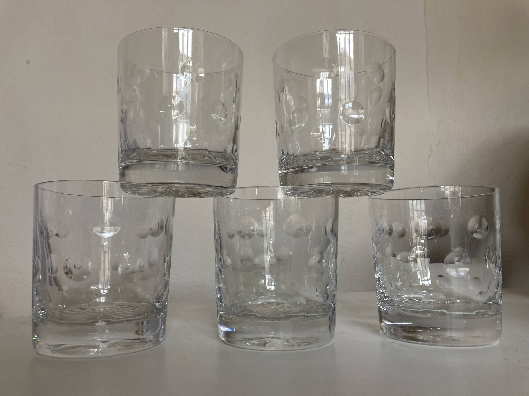 Set of 5 crystal whiskey tumblers giving polka dot cut 1970