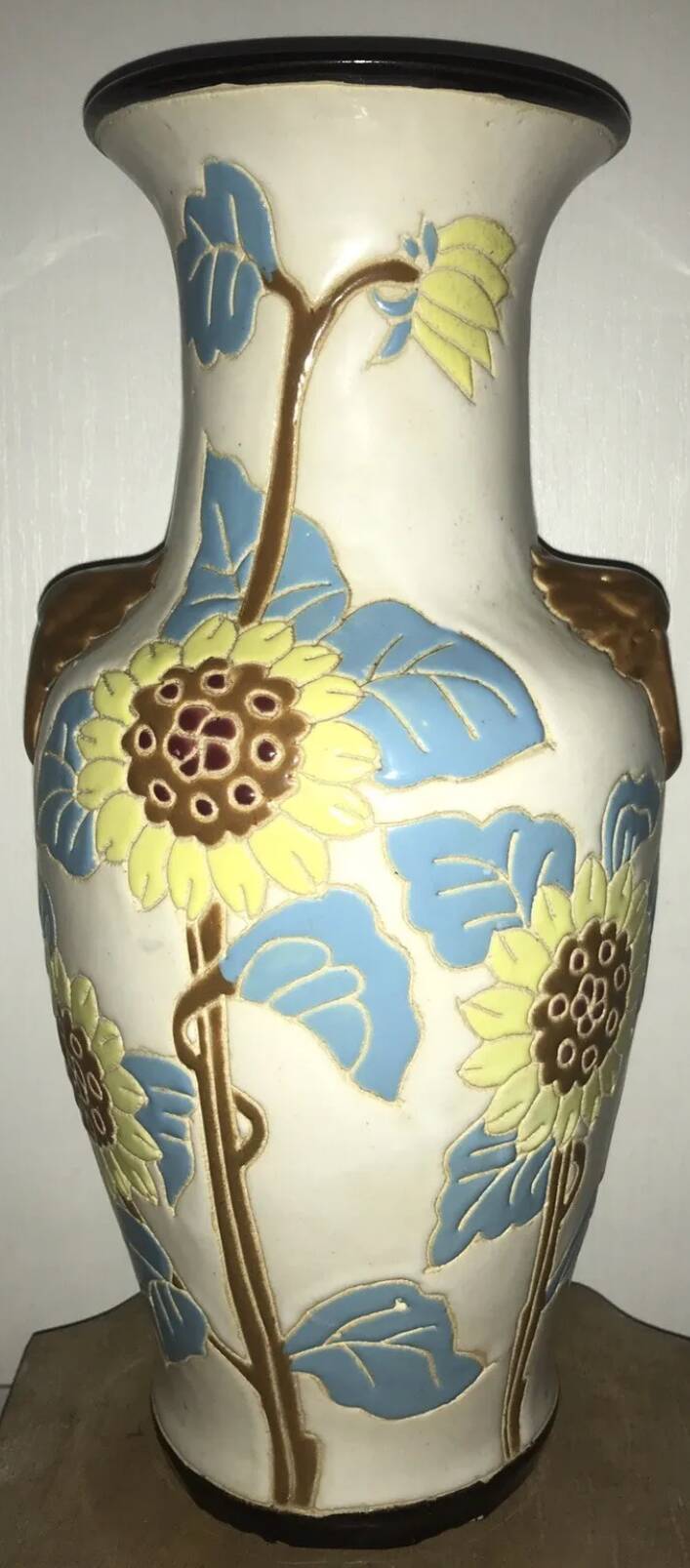 Glazed ceramic vase with polychrome decoration of sunflower flowers 36 cm