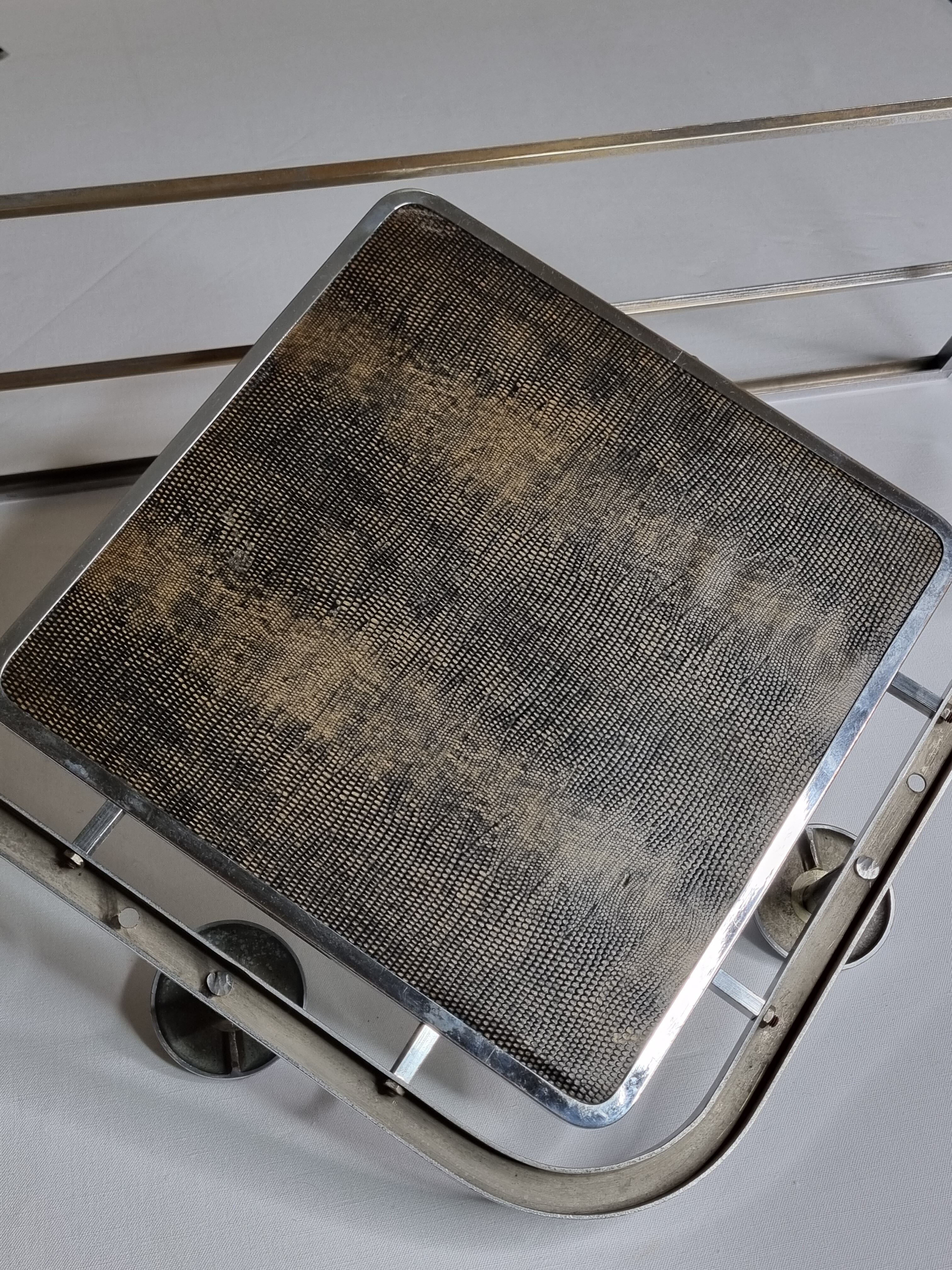 Wall mounted chromed metal coat rack with square mirror, 4 hooks and a hat rack, 50s