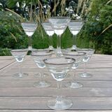 11 bottle-bottom bistro glasses with silver edging, early 20th century