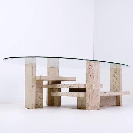 Glass and Travertine Coffee Table, Willy Ballez, 1970s