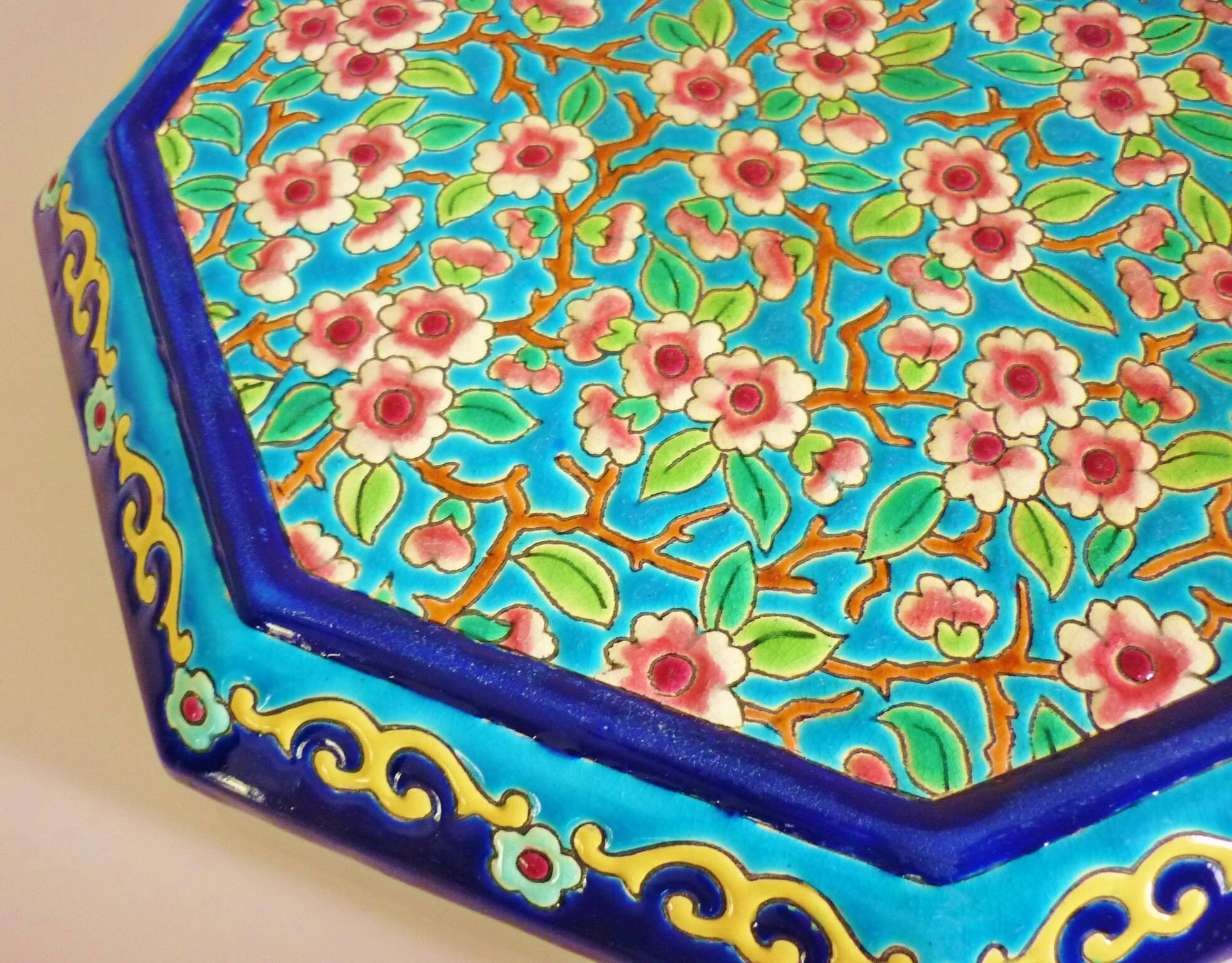 Glazed ceramic trivet, Longwy enamels, art deco