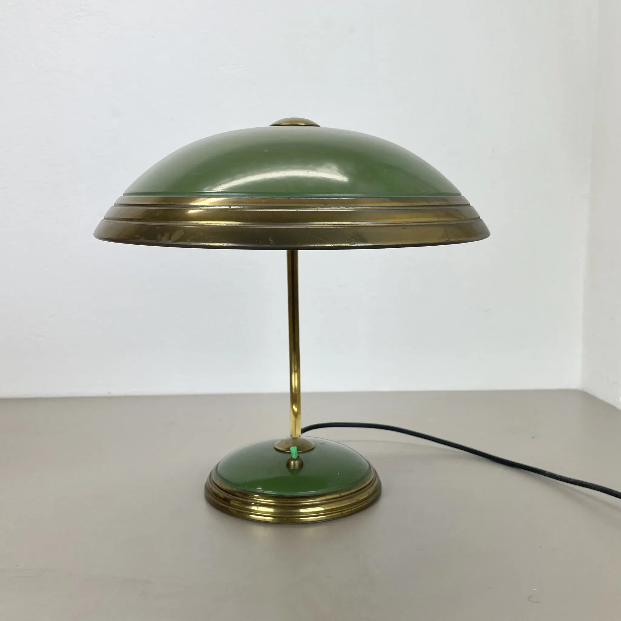 German green bauhaus table lamp in brass and metal by helo lights, germany, 1950s