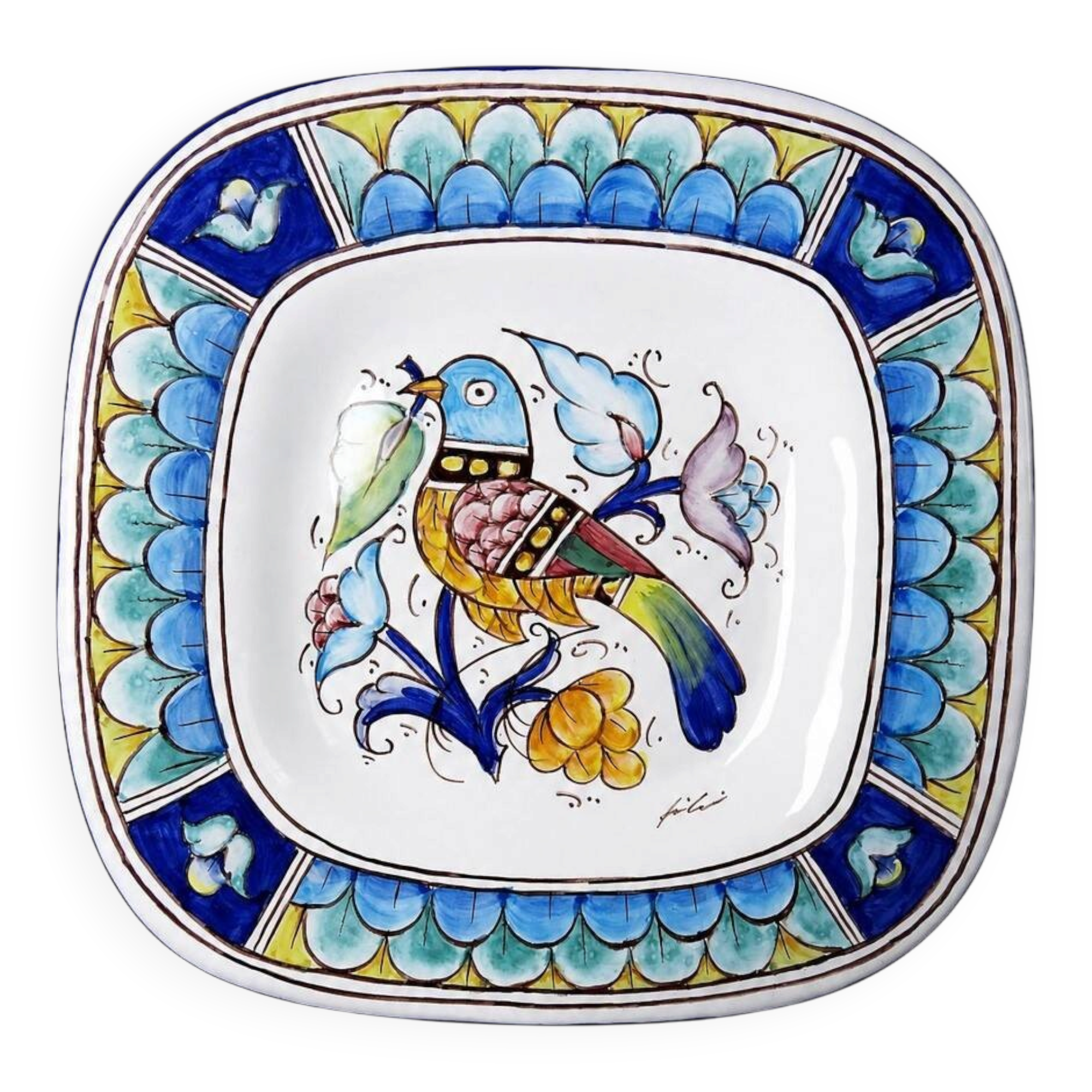 Large Italian wall plate Gubbio bird decor vintage painted pottery