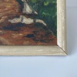 Oil painting on panel depicting a landscape with trees