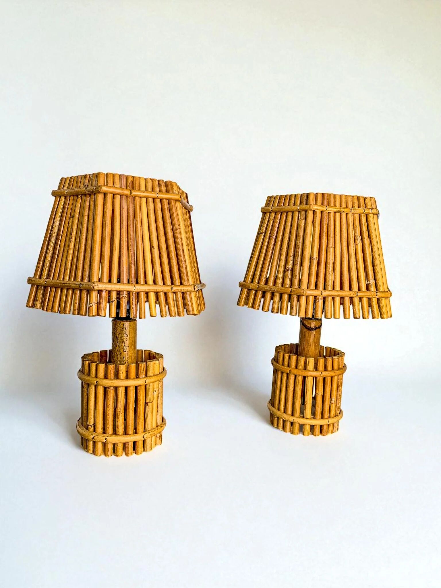 Pair of French Riviera bamboo & rattan table lamps, Louis Sognot's style, 1960s