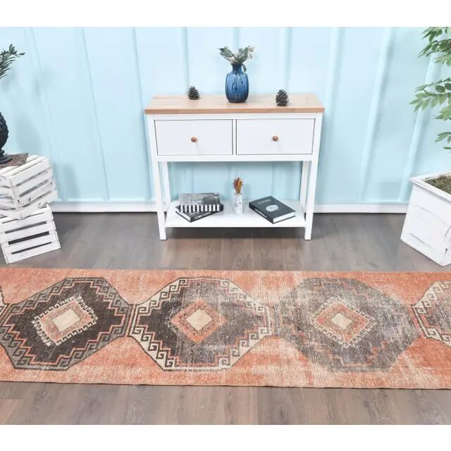 1960s orange geometric Turkish hand-knotted runner rug 81x337