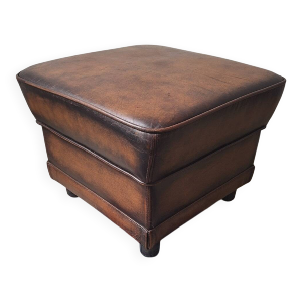 Pouf ottoman en cuir marron châtaigne vintage