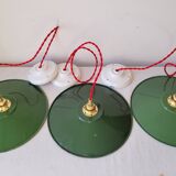 Trio of enameled sheet metal pendant lights