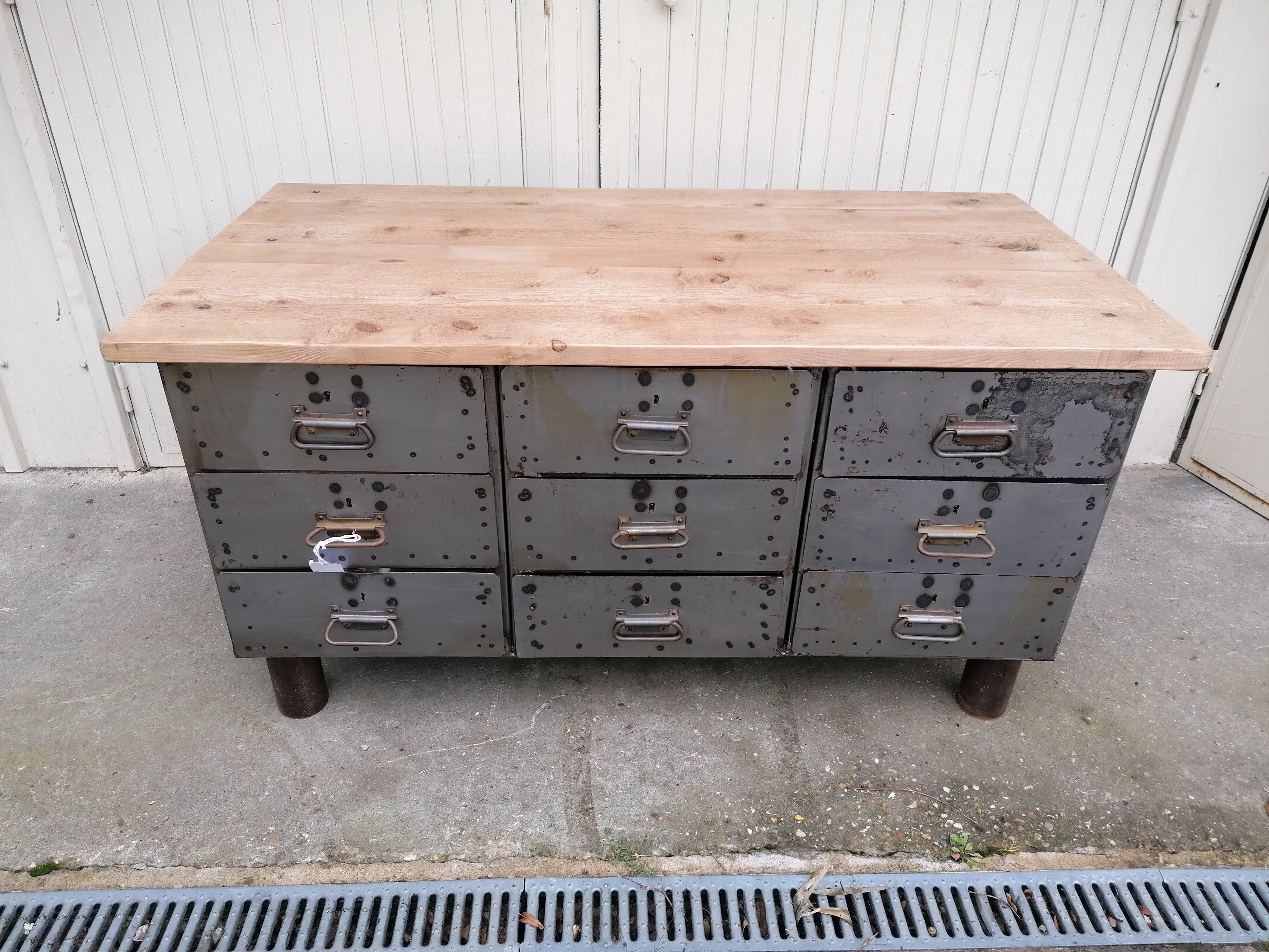 Antique workshop workbench, vintage, metal and wood