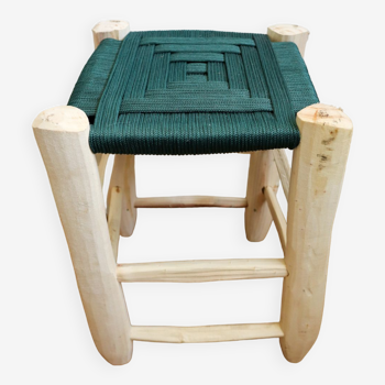 Tabouret marocain bohème bois et nylon vert émeraude