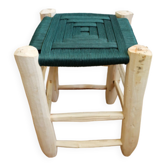 Tabouret marocain bohème bois et nylon vert émeraude