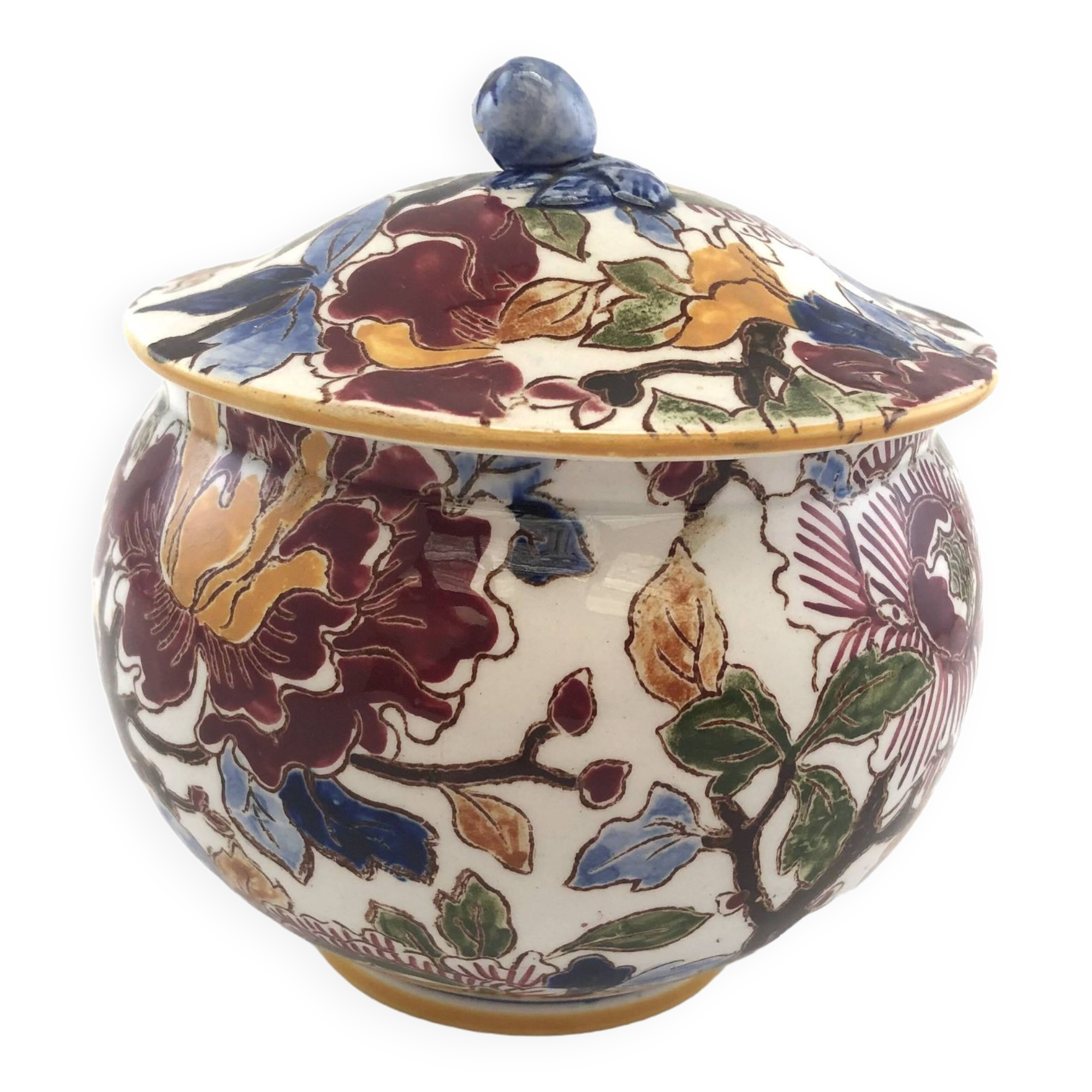 Old Sugar Bowl Candy Box Covered Earthenware Pot Gien Peonies